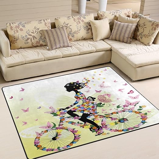 Amazon Com Alaza Romantic Girl On Bicycle Butterfly Flower Area Rug Rugs For Living Room Bedroom 7 X 5 Home Kitchen