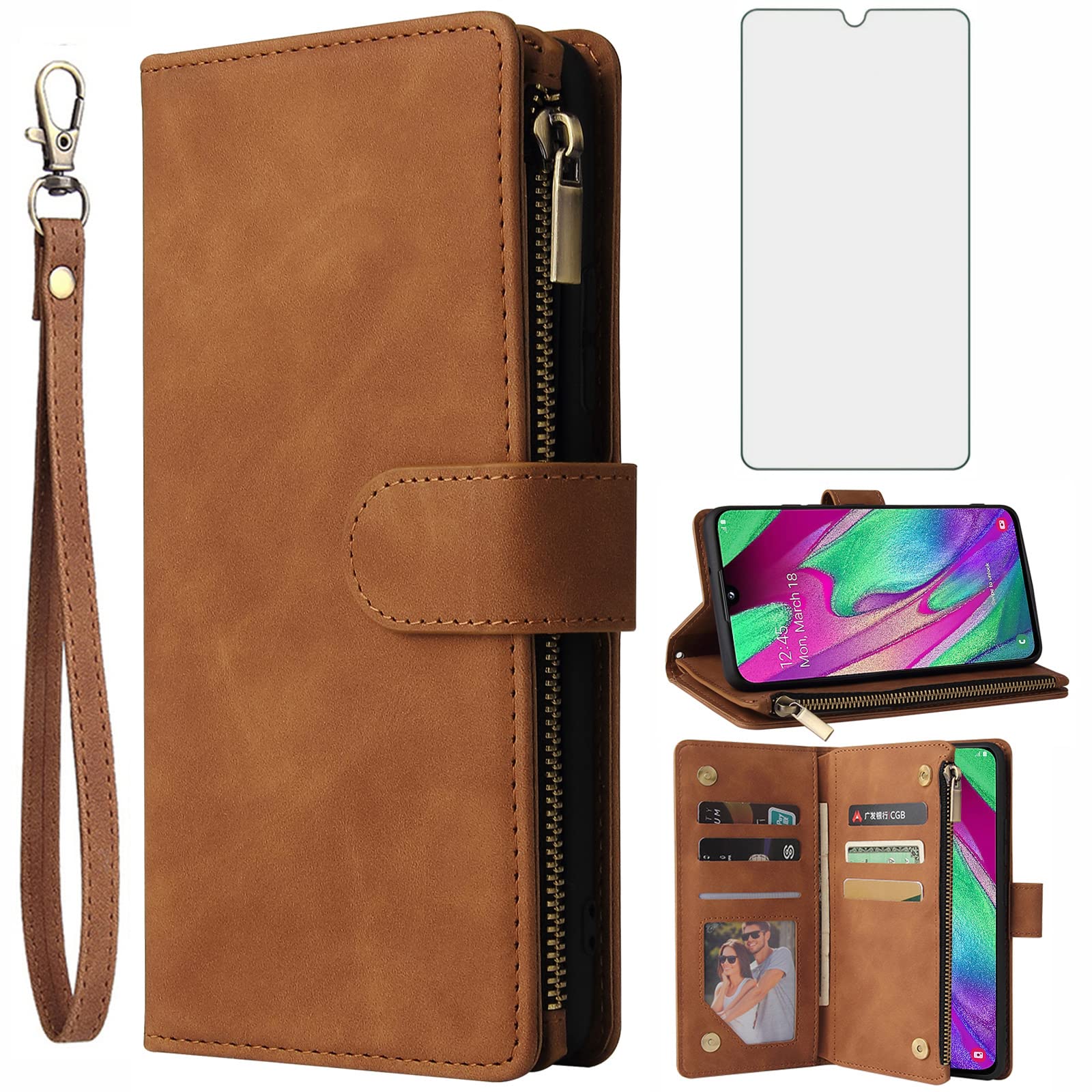 Asuwish Compatible with Samsung Galaxy A40 Wallet Case Tempered Glass Screen Protector and Leather Flip Cover Card Holder Cell Accessories Phone Cases for Glaxay A 40 Gaxaly S40 40A SM Women Men Brown — image 1