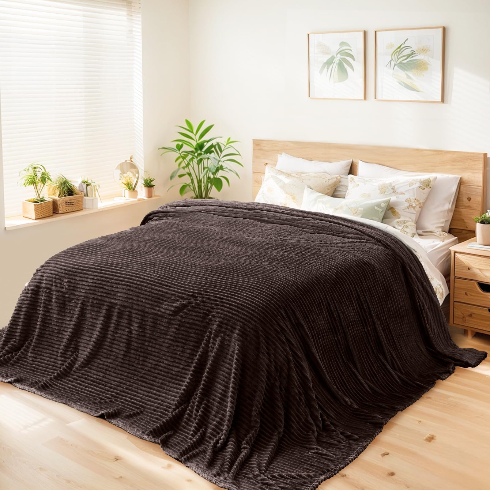 Photo 1 of Vessia Flannel Fleece Queen Size Blanket(90x90 inch), 300GSM Cozy Brown Stripe Bed Blanket for Couch, Sofa and Bed, Warm and Soft Chocolate Microfiber Ribbed Decor for All Season