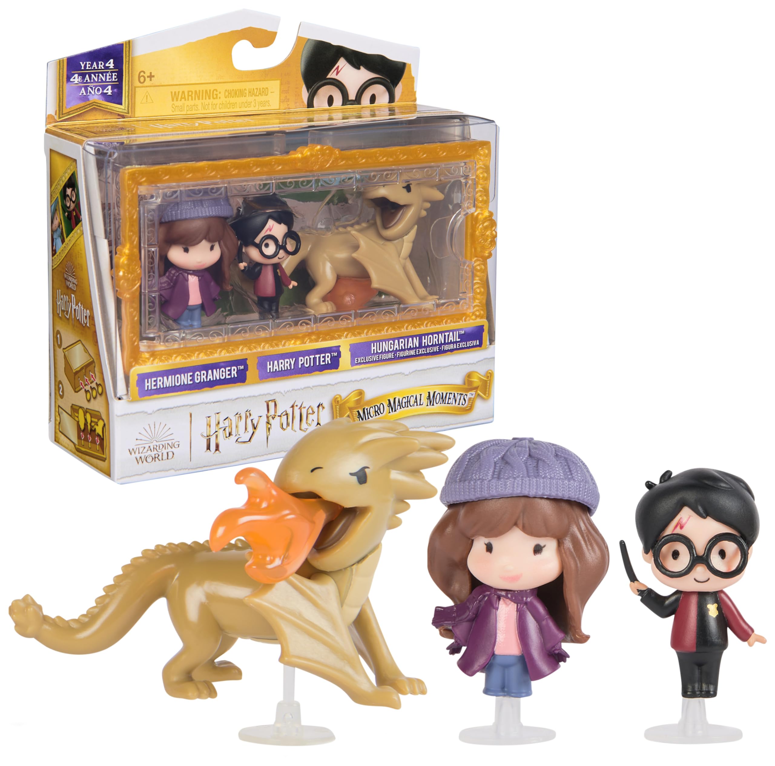 Wizarding World Harry Potter, Micro Magical Moments Year 4 Set with Harry, Hermione & Hungarian Horntail Dragon Toy & Display Case, Kids Toys