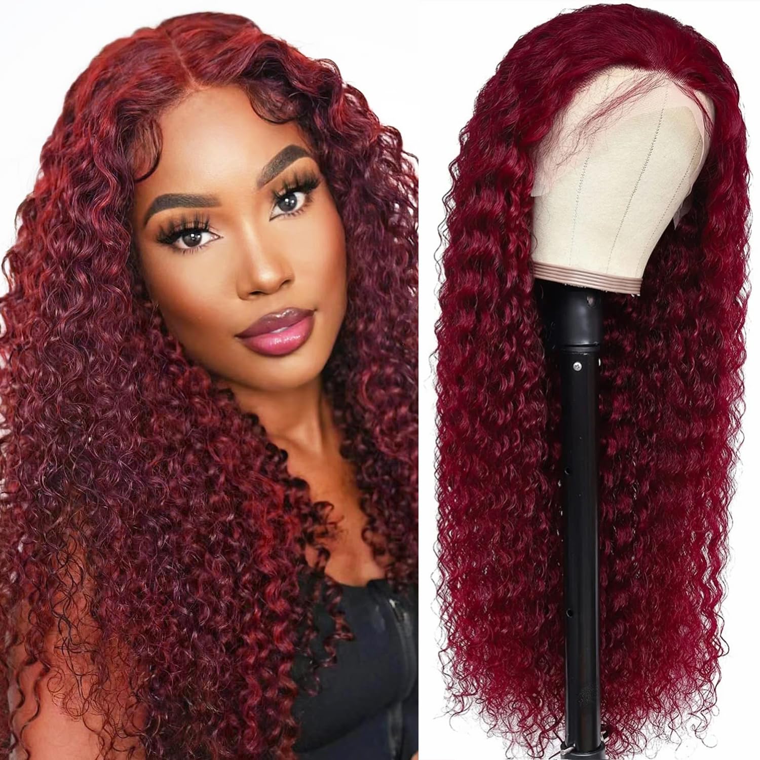 99j Burgundy Lace Front Wigs Human Hair 22 Inch 200 Density Deep Wave Lace Front Wigs Human Hair Pre Plucked Red Curly Human Hair Wig 13x6 HD Frontal Glueless Colored Wet And Wavy Loose Deep Wave — image 1