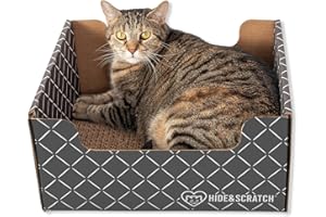 HIDE & SCRATCH Cardboard Cat Scratcher; Cat Scratcher Box and Bed with Refillable Double-Sided Cardboard Scratch Pad for Indoor Cats