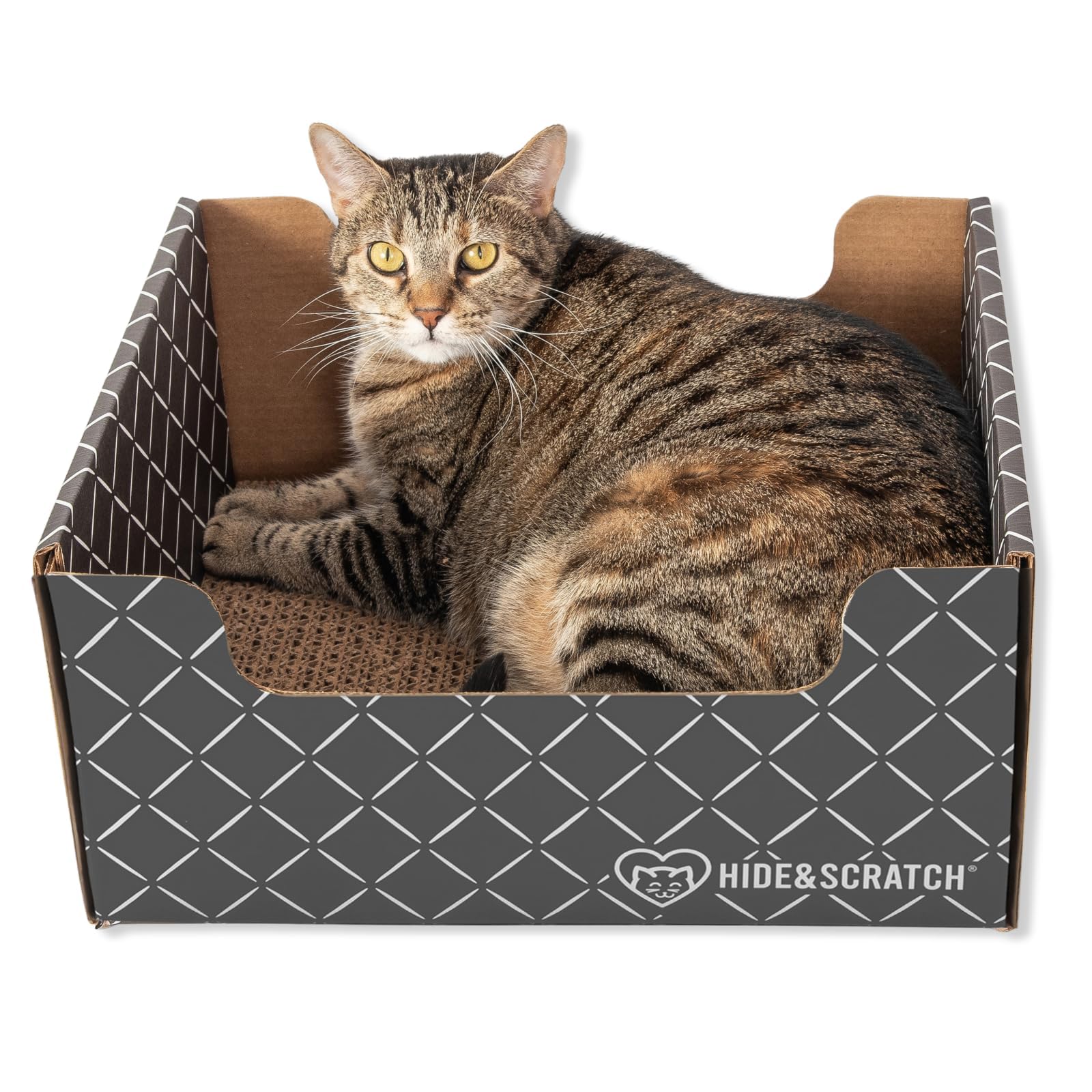 Hide & Scratch Cardboard Cat Scratcher Box & Bed - Dark Grey Diamond | Double-Sided Corrugated Pad for Indoor Cats | Refillable Scratching Board Toy for Play & Furniture Protection