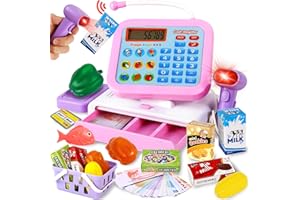HERSITY Kids Cash Register with Scanner Ages 4-8, Cashier Pretend Play Calculator Toy, Home Supermarket Playset with Food, Microphone, Credit Card, Play Money Gifts for Child Girls Boys 3+ Years Old