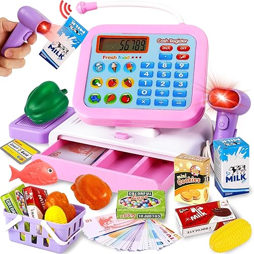 HERSITY Kids Cash Register with Scanner Ages 4-8, Cashier Pretend Play  Calculator Toy, Home Supermarket Playset with Food, Microphone, Credit  Card,