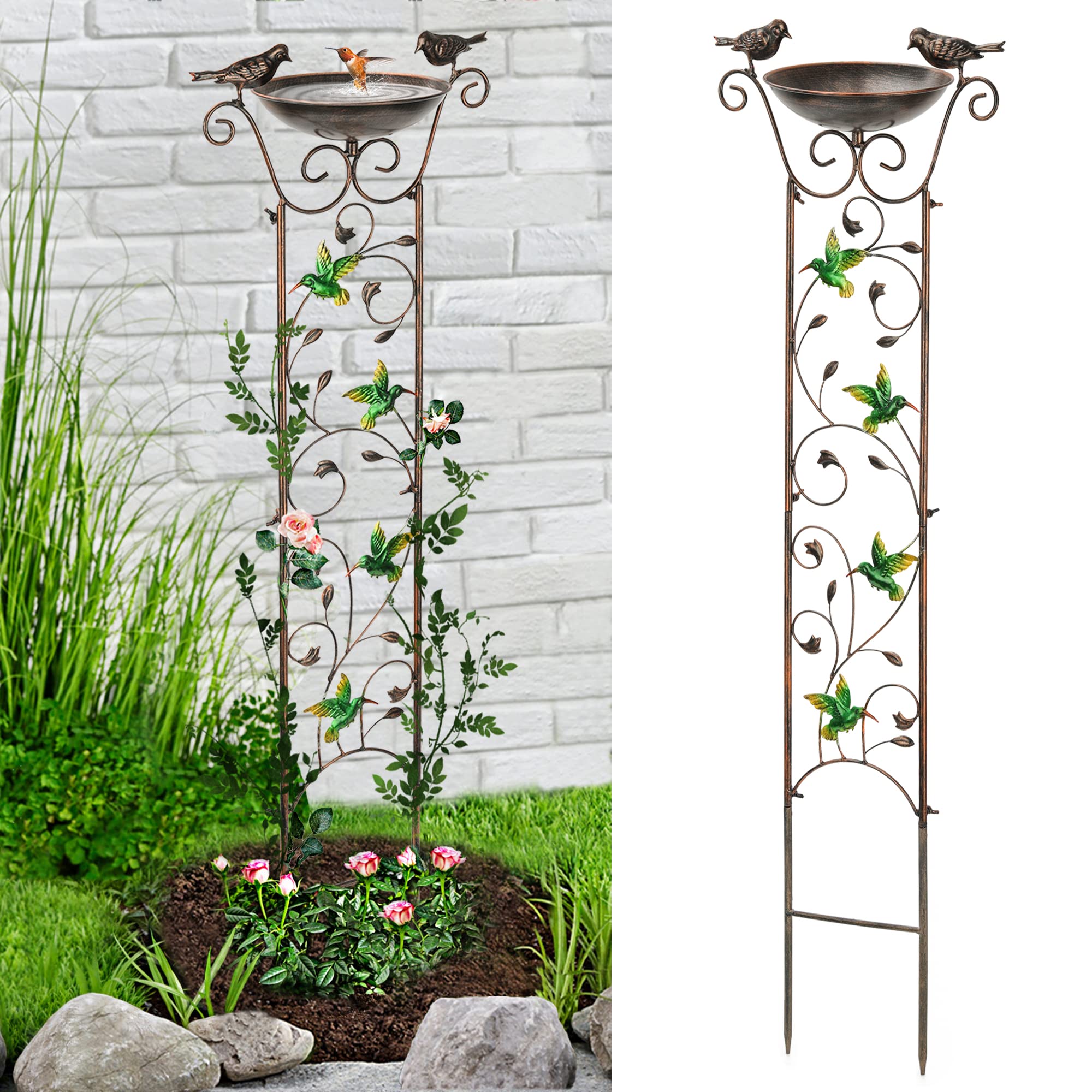 Photo 1 of LEWIS&WAYNE Garden Trellis Bird Bath Outdoor, 40 Inch Antique Iron Garden Plant Trellis Decorative with Hummingbirds and Detachable Drinking Basin Bowl, Free Standing BirdBath Birdfeeder Station