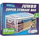 HIBAG 20 Gallon Large Storage Bag for Clothes, Zipper Clothing Storage Bag, Clear Organizer with Reinforced Handles, for Comforters Blankets Pillows Bedding (1 Pack)
