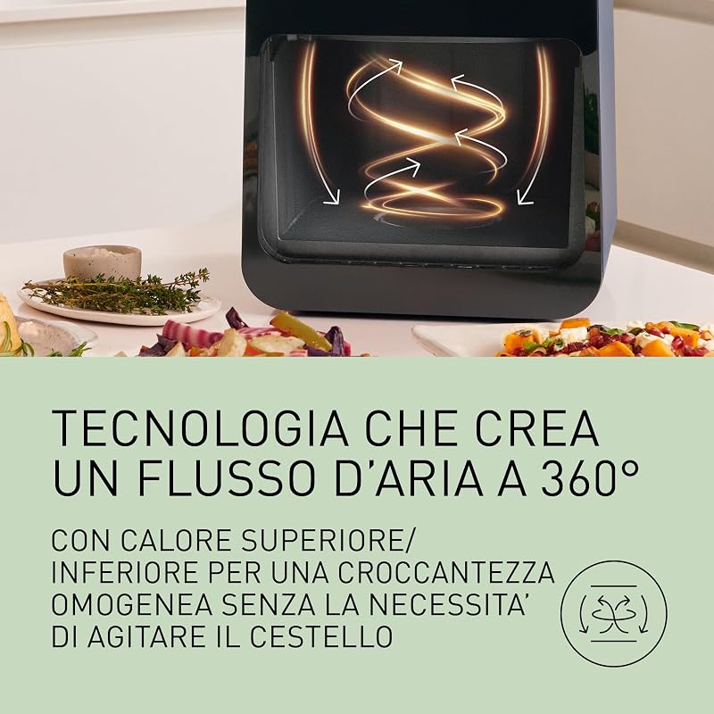 NF-CC600AXE Friggitrice ad Aria con Finestra trasparente resistente, 6L, 80-200°C, Timer Digitale e LCD, Vapore Delicato, 11 Programmi, Facile Pulizia, Maniglia Nero/Blu Scuro e Oro Rosa