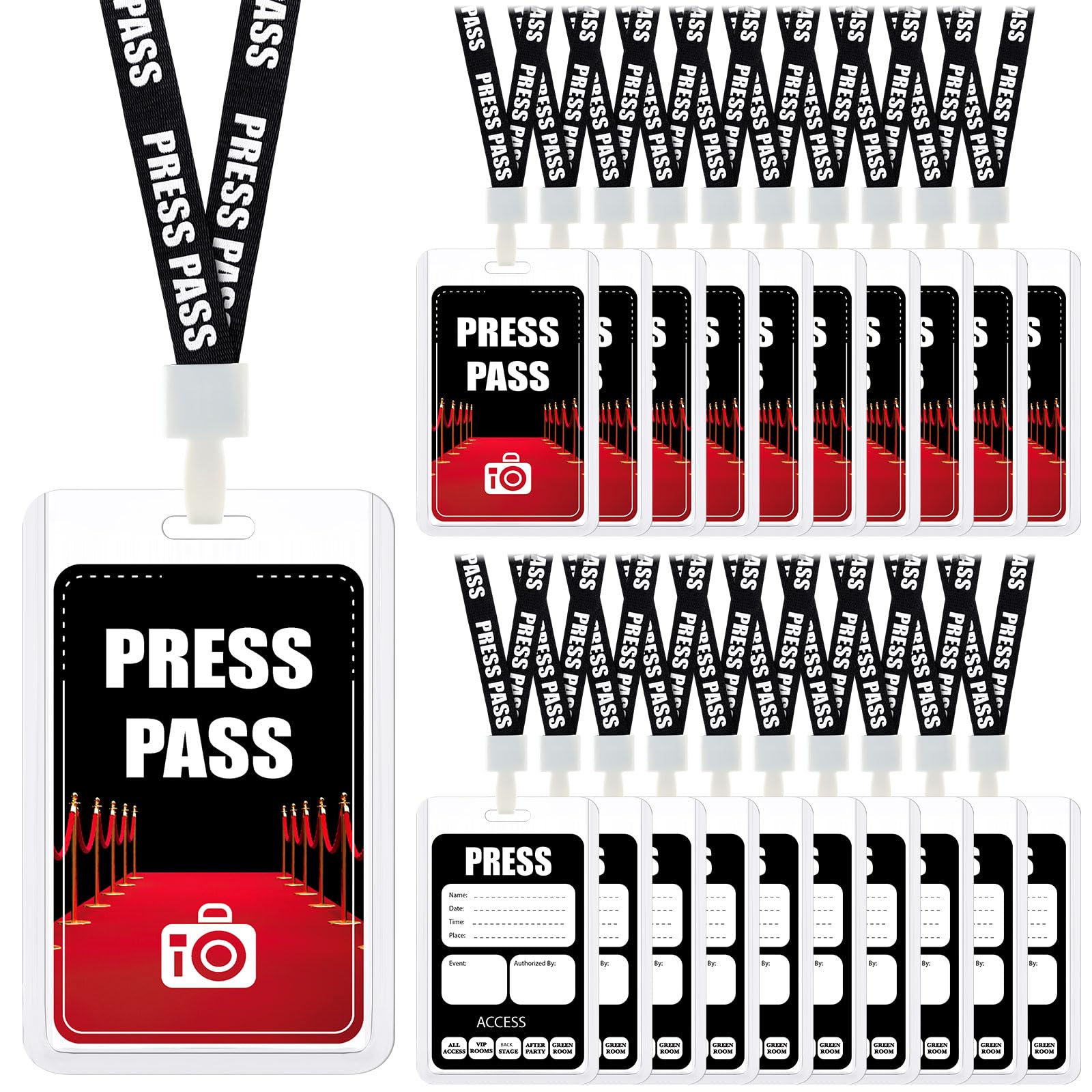 Photo 1 of Harloon 20 Sets VIP Badge Lanyard with Card, Plastic Black Breakaway Event Staff Lanyard Back Stage Media Pass for Music Award Movie Night Birthday Party Concert Event(Press Pass)