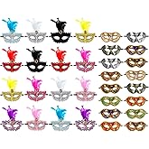 Sratte Mardi Gras Couple Masquerade Mask with Feather Flower Unisex Half Face Venetian Mask for Carnival Parade Valentine