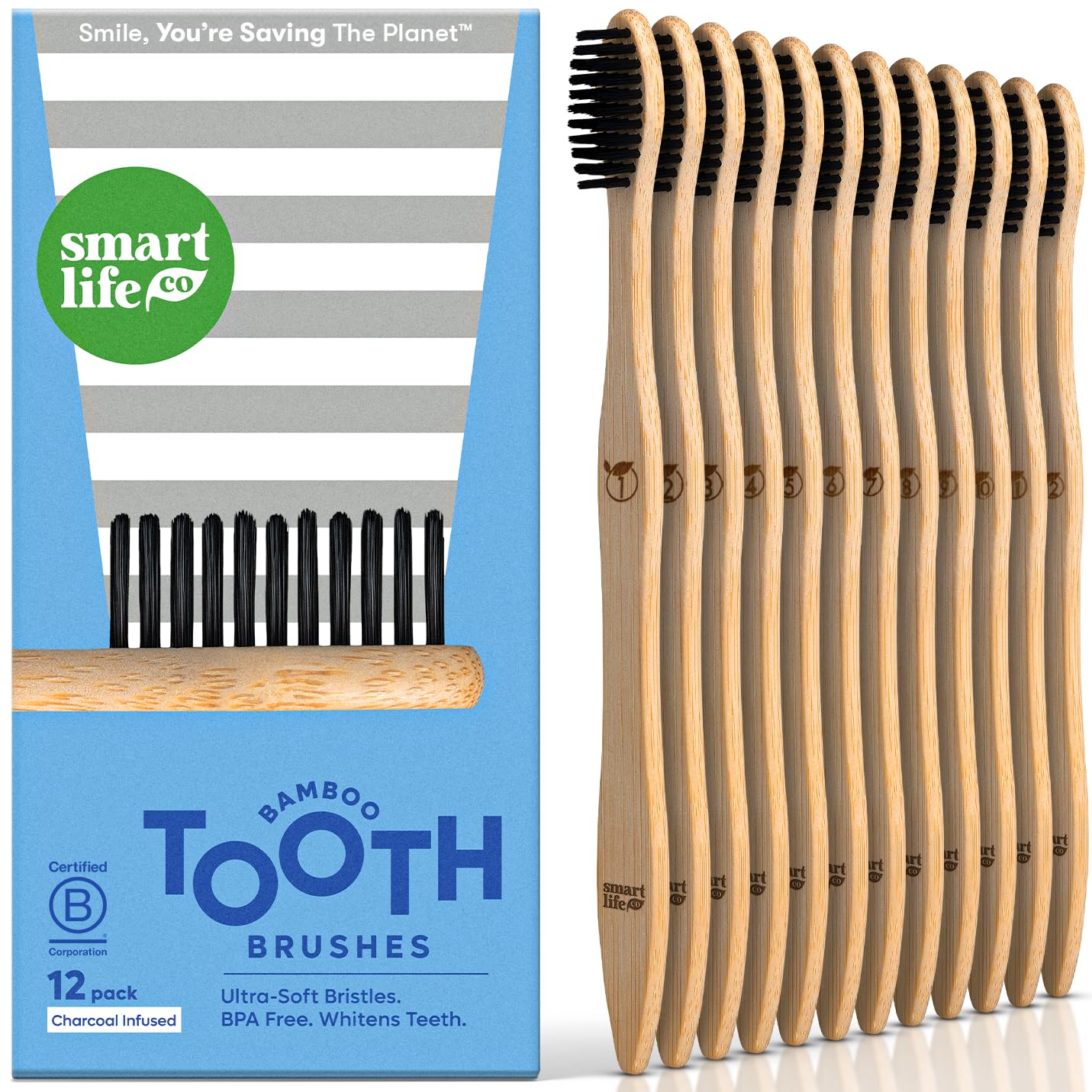 Photo 1 of *** 2 pack**SmartLifeco Charcoal Bamboo Toothbrushes - Extra Soft Natural Bristles for Adults & Kids Teeth | Zero Waste Bulk Wooden Tooth Brush Travel Kit | BPA Free, Eco-Friendly, Vegan - (12 Pack)