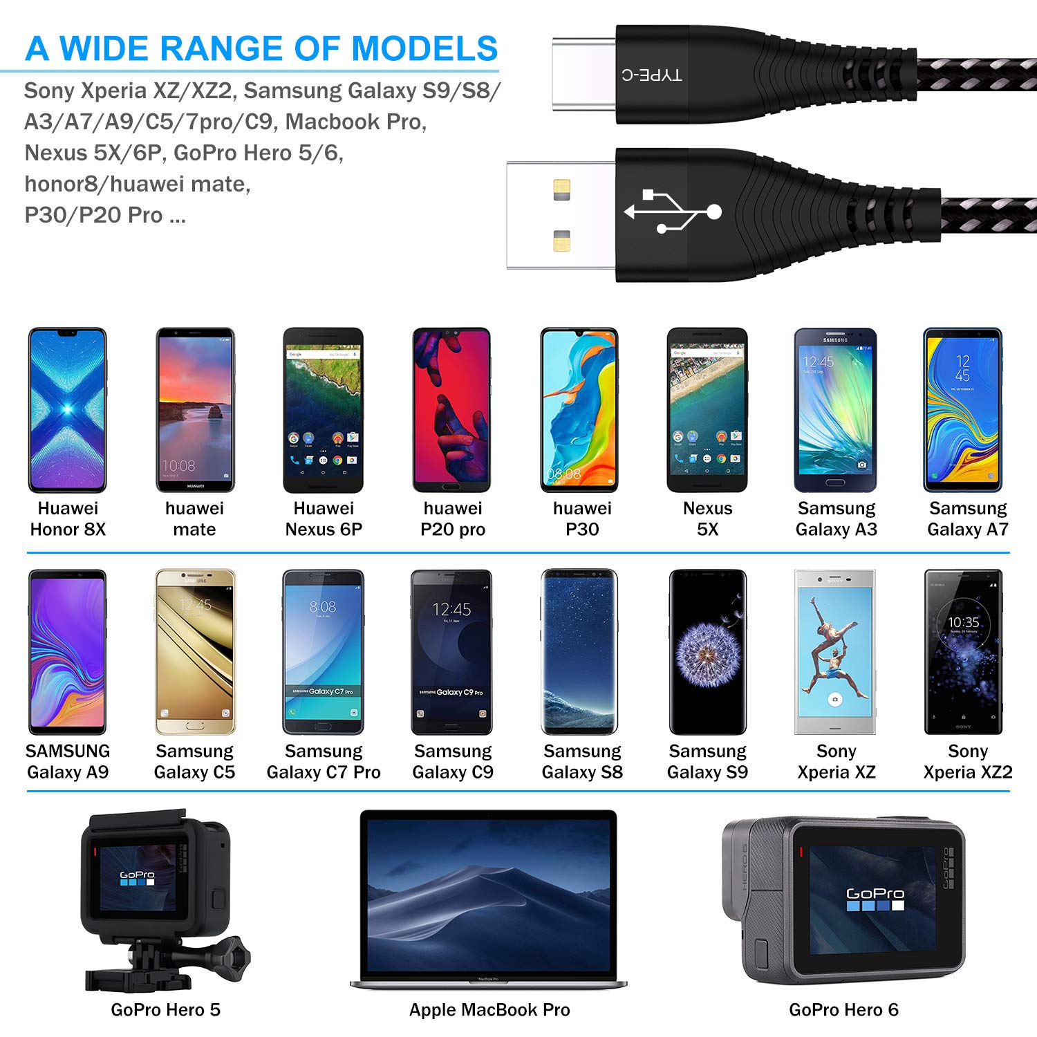 Short USB Type C Cable,Yostyle 1FT 3Pack Nylon Braided USB A to C Fast Charging & Data Sync Cord for Samsung Galaxy S10/ S9 / S9+ / S8 / S8+ / Note 8,LG V20 G5 G6, Pixel,MacBook, Nintendo Switch