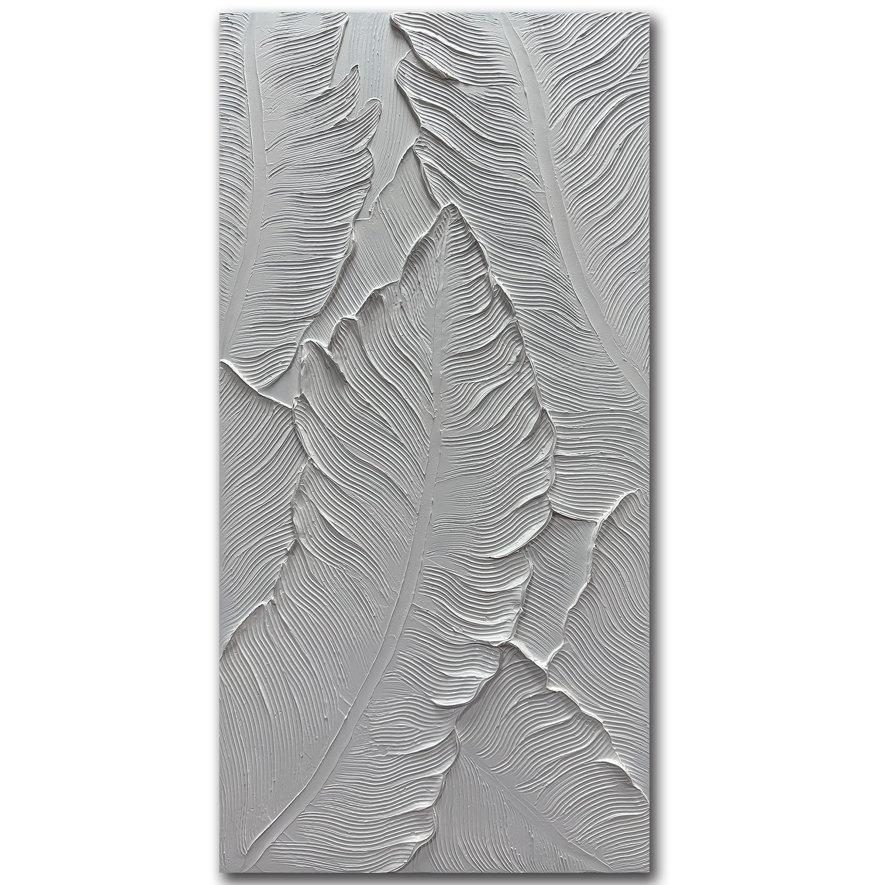 Photo 1 of ***STAINED**Art8YuQi Paintings - Contemporary Abstract Art leaf Oil Painting On Canvas Texture 3D White Painting Plantain Handmade Artwork Picture Canvas Wall Art Modern Home Decor living room Ready to Hang 24X48 inch
