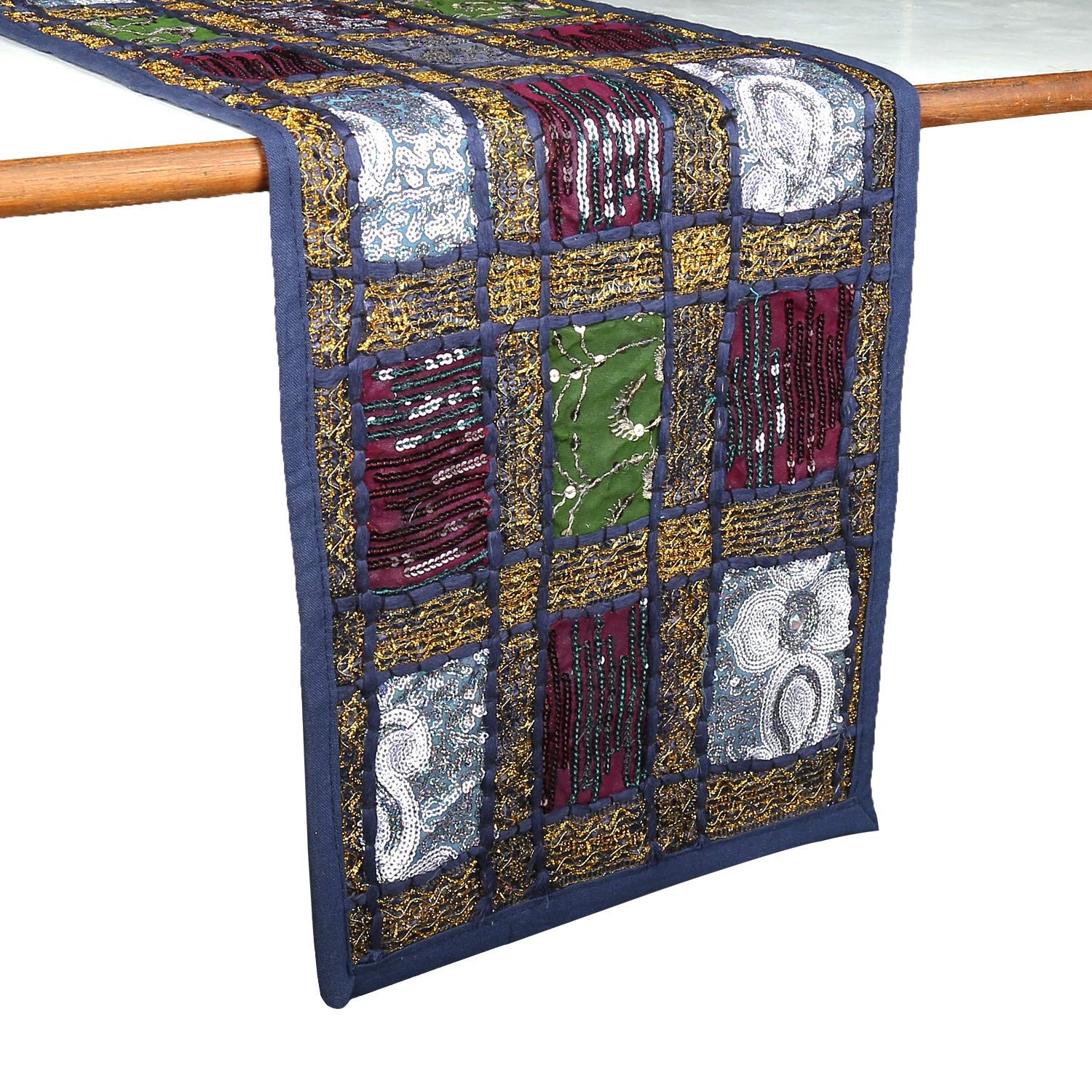 Handmade Rajasthani Patchwork Dining Table Runner 12x72 Inches Hippie Decor Runner Dark Blue