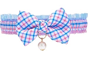 Blueberry Pet Blue Plaid Breakaway Bowtie Cat Collar Lace Choker Necklace with Handmade Bow Tie and Pearl Charm, Safety Elastic Stretch Collar for Cats, Neck 8.5"-12"