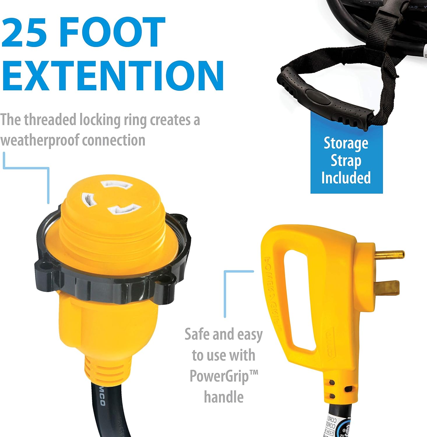 Camco 25' PowerGrip Extension Cord with 30M/30F- Straight Locking Adapter | Allows for Easy RV Connection to Distant Power Outlets | Built to Last (55501): Automotive