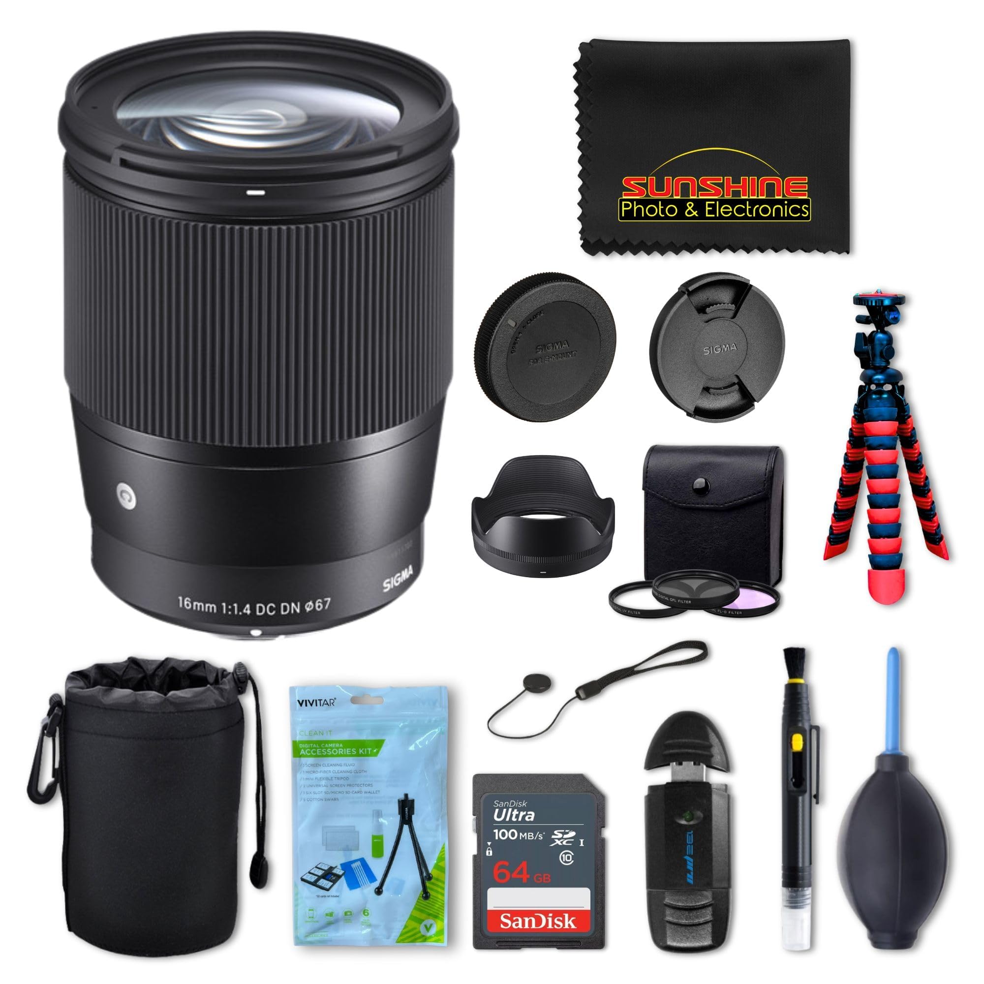 Sigma 16mm f1.4 DC DN Contemporary Lens for Sony E with Sunshine Photo Professional Bundle - 4 Years USA Manufacturer Warranty