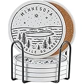 Onebttl Minnesota Gifts Coaster Souvenir, Travel Homesick Gifts, Home Decor for Women, Moving, Housewarming, Set of 6, Ceramic, Absorbent with Cork Base