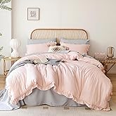 JANZAA Soft Fluffy Comforter Set 3PCS (1 Ruffled Blush Comforter Set and 2 Pillowcases) Vintage Shabby Chic Bedding, All Season, Blush Pink, Queen