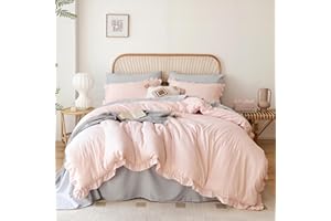JANZAA Soft Fluffy Comforter Set 3PCS (1 Ruffled Blush Comforter Set and 2 Pillowcases) Vintage Shabby Chic Bedding, All Season, Blush Pink, Queen