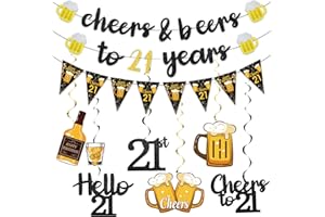 EIURTEAO Black Gold 21st Birthday Decorations for Him Men, Glitter Pre-Strung Cheers to 21 Years Banner Hello 21 Hanging Swirls Paper Triangle Flag Banner Decorations Bday Party Supplies Kit