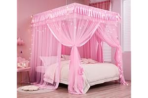 Mengersi 4 Corners Post Canopy Bed Curtains for Girls Full Size - Royal Luxurious Cozy Drape Canopy Bed Frames Netting for Kids Adults- Cute Princess Bedroom Decoration (Pink)