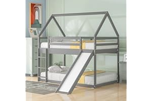 Harper & Bright Designs Twin Over Twin Low Bunk Bed with Slide, Solid Wood House Bunk Bed for Kids Girls Boys (Gray)