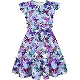 Funnycokid Girls Ruffle Sleeve Dress Kids Summer Clothes Flutter Hem Sundress Outfit with Belt 6-13 Years
