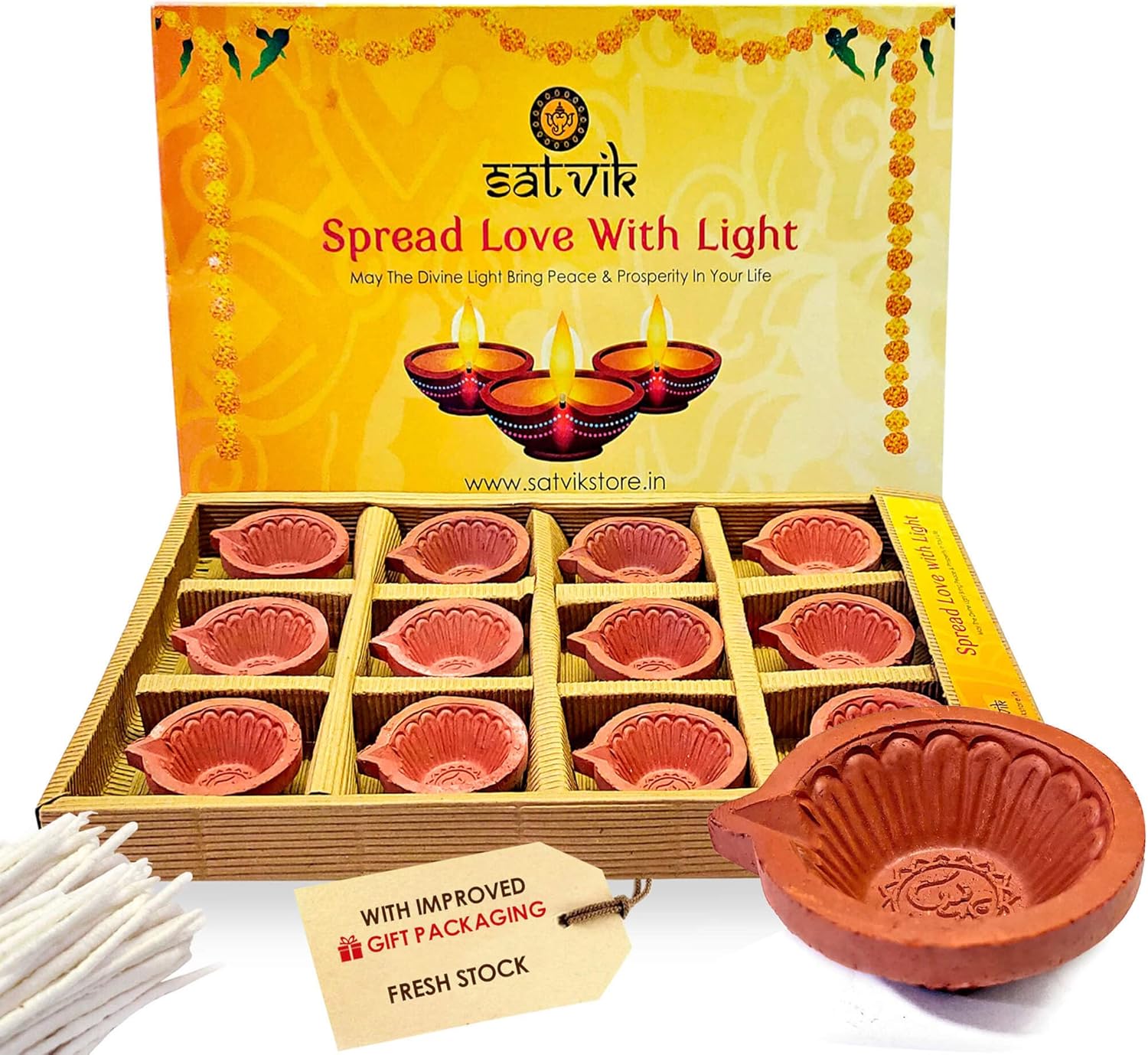 Oil Lamps & Accessories - SATVIK 12 Pc Set Clay Diya Diwali Dia with Cotton Wicks for Puja Pooja Traditional Handmade Terracotta Earthen Vilakku Oil Lamp Diyas Natural Mitti Welcome Deepawali Decoration Indian Gift Items