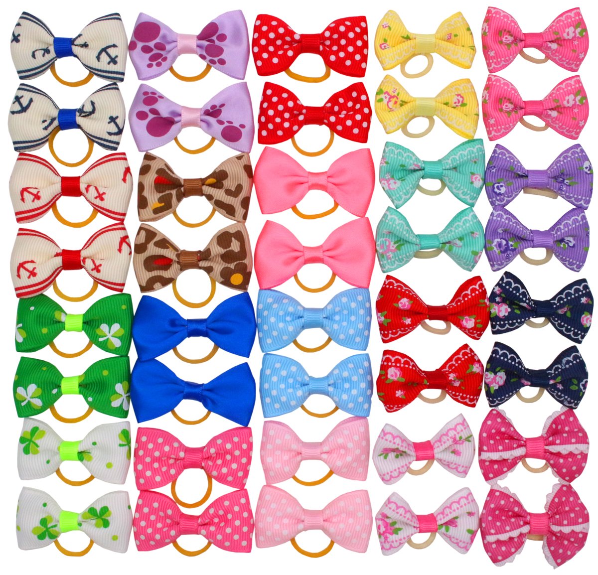 HOLLIHI 40 Pcs Adorable Grosgrain Ribbon Pet Dog Hair Bows with Elastics Ties - Stretchy Rubber Bands Doggy Kitty Topknot Grooming Accessories Set for Long Hair Puppy Cat