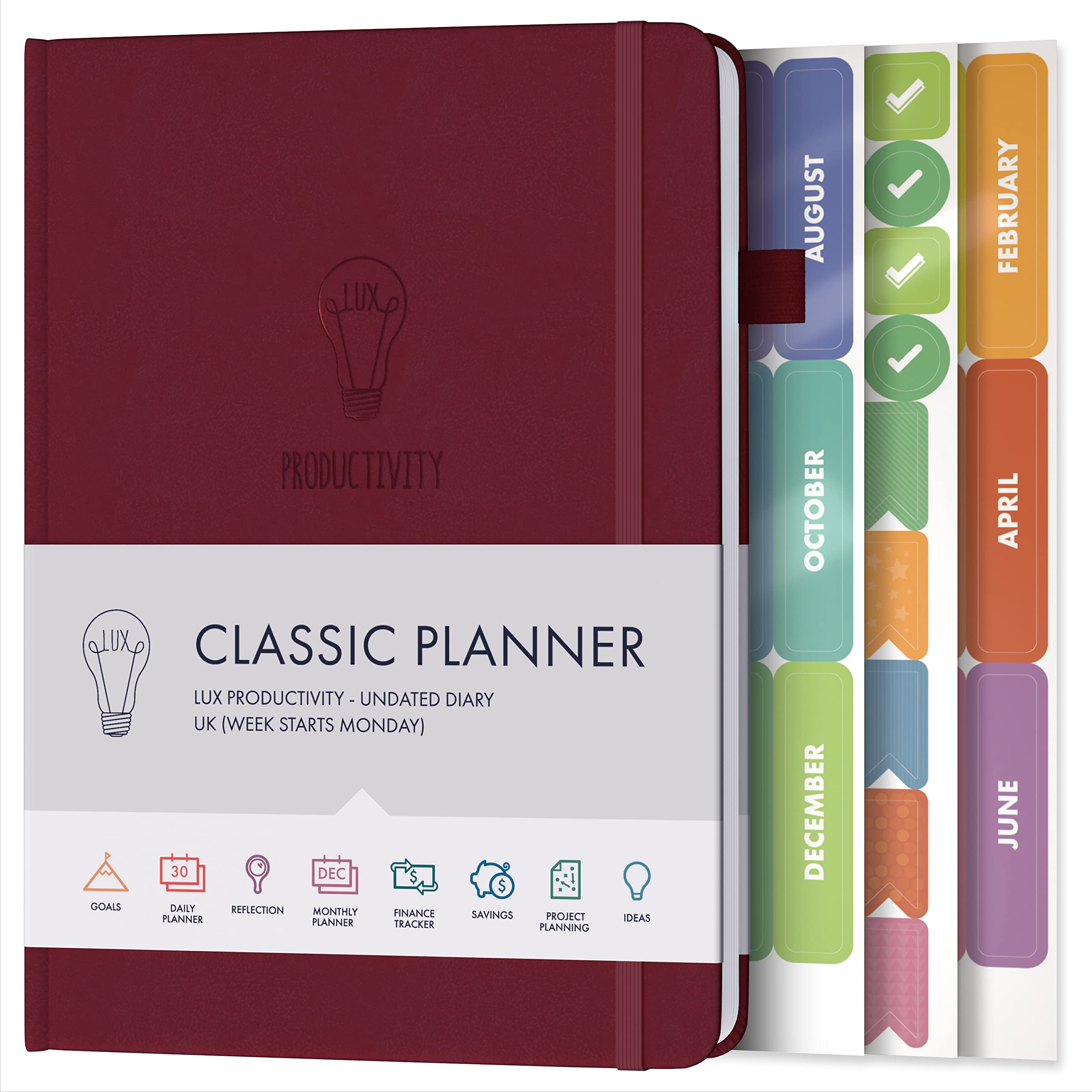 Daily Planner & appointment diary - Gratitude journal, wellness journal & Undated weekly planners and organisers - Desk journals for women & men - LUX Productivity Classic (CRIMSON RED)