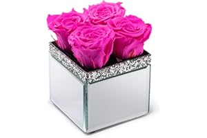 SOHO FLORAL ARTS | Mirrored Vase Pave Accent | Genuine Roses That Last for Years | Forever Roses in a Box (Radiant Pink)