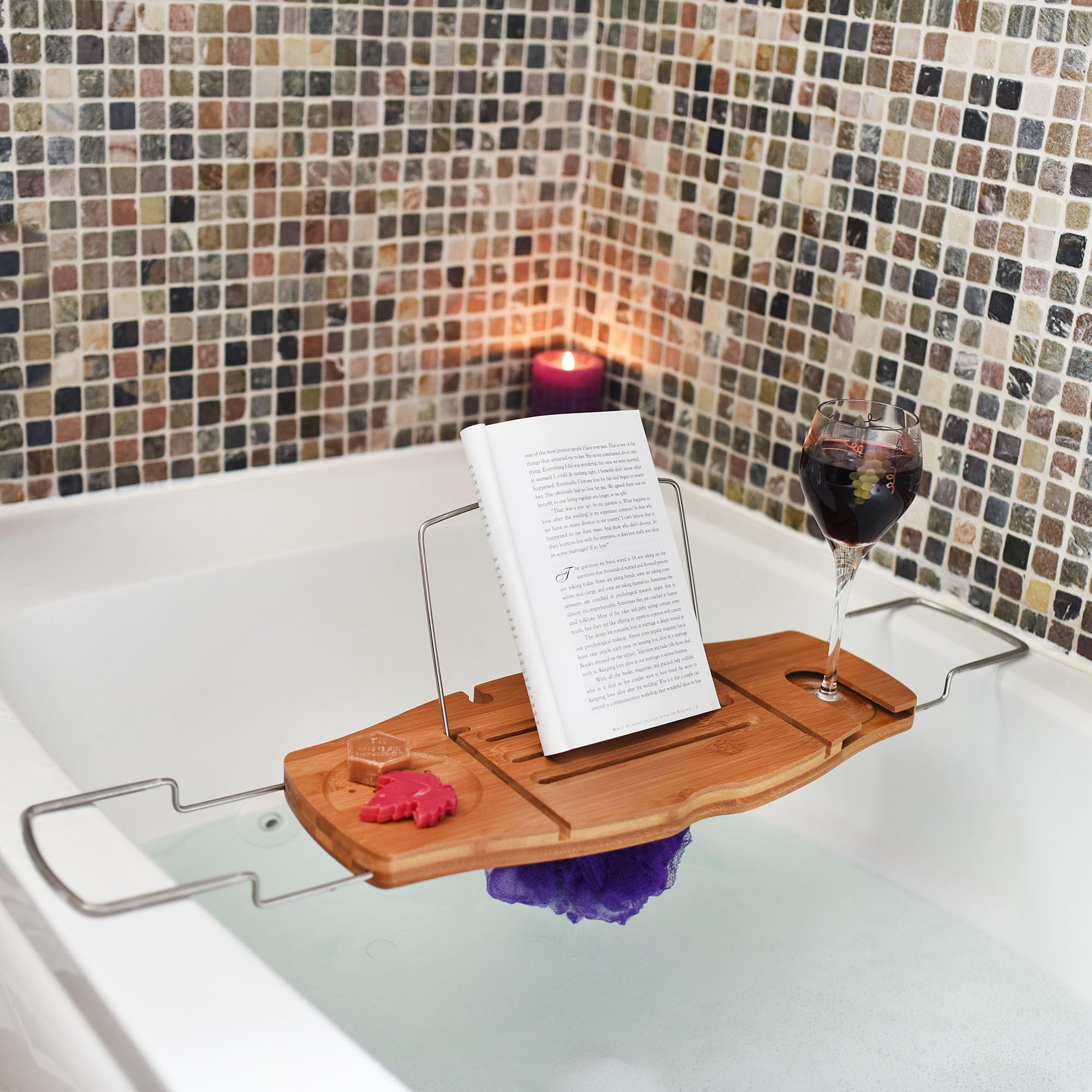 Luxury Bamboo Bath Caddy Wood Tray Table | Extendable Bath Shelf Securely Fits Over The Tub With Non Slip Grips | Bathtub Board Includes Wine Glass Holder & Waterproof Reading Rack To Hold Tablet, iPad, Phone, Kindle & More!
