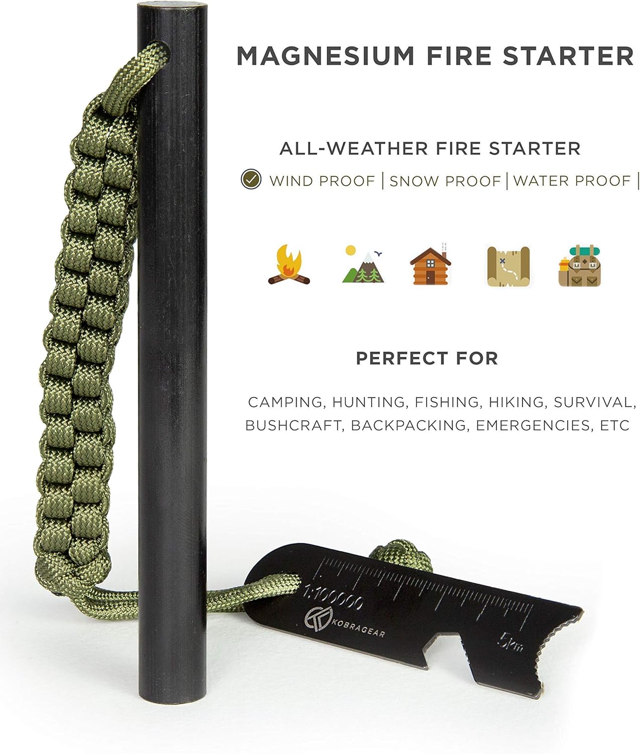 KobraGear Emergency Magnesium Fire Starter Ferrocerium Ferro Rod 5 inch x ½ inch with Survival Paracord Lanyard and Steel Multitool Striker (Green): Sports & Outdoors