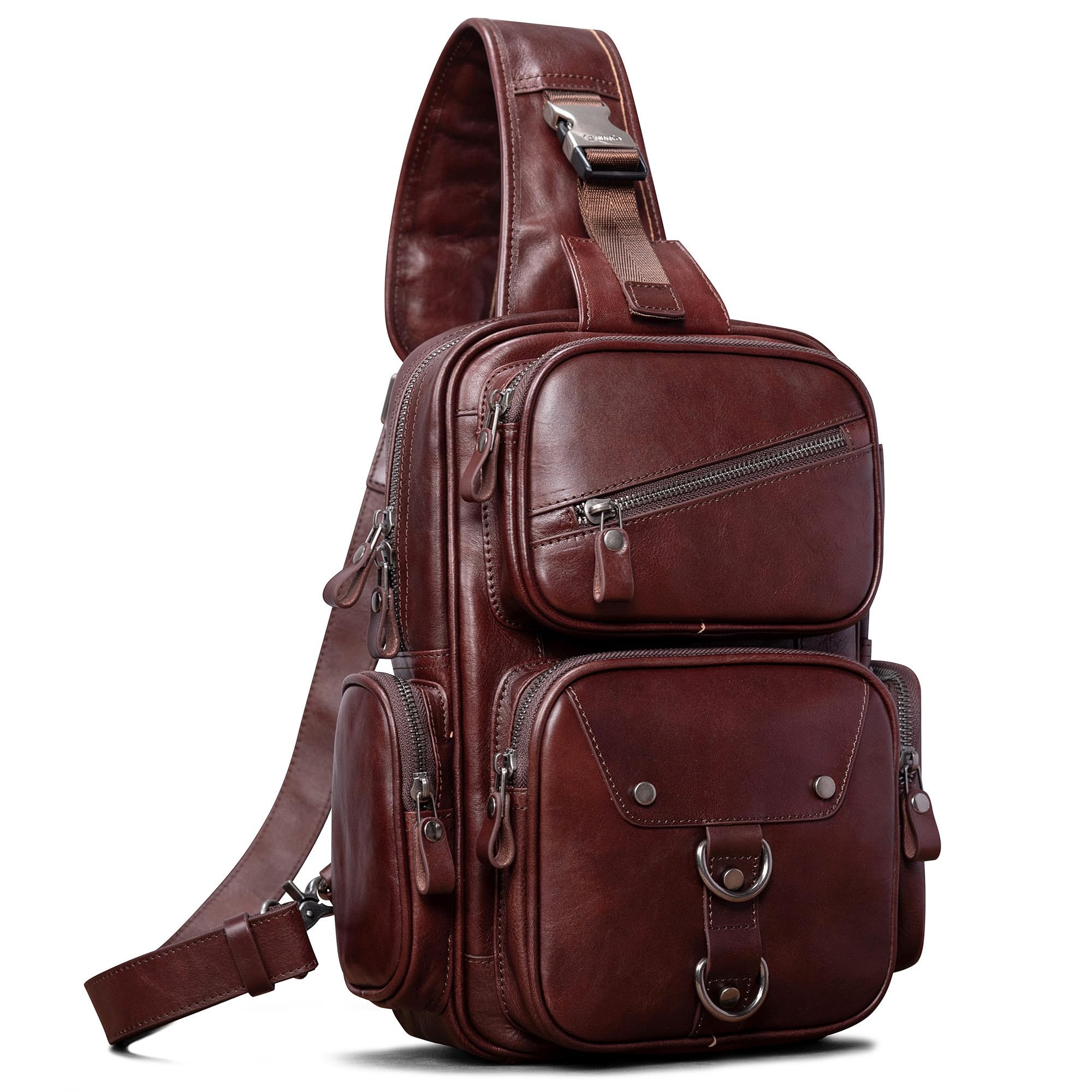 Photo 1 of ** brokenzipper**Genuine Leather Sling Bag for Men Large Crossbody Shoulder Bag Casual Sling Backpack Anti-Theft Travel Chest Purse (Dark Brown)
