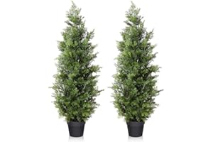 LOMANTO Outdoor Artificial Topiary Cedar Tree 2Pack Fake Tree 4Ft UV Rated Potted Plants for Porch Decor Faux Pine Tree for Perfect Housewarming Gift