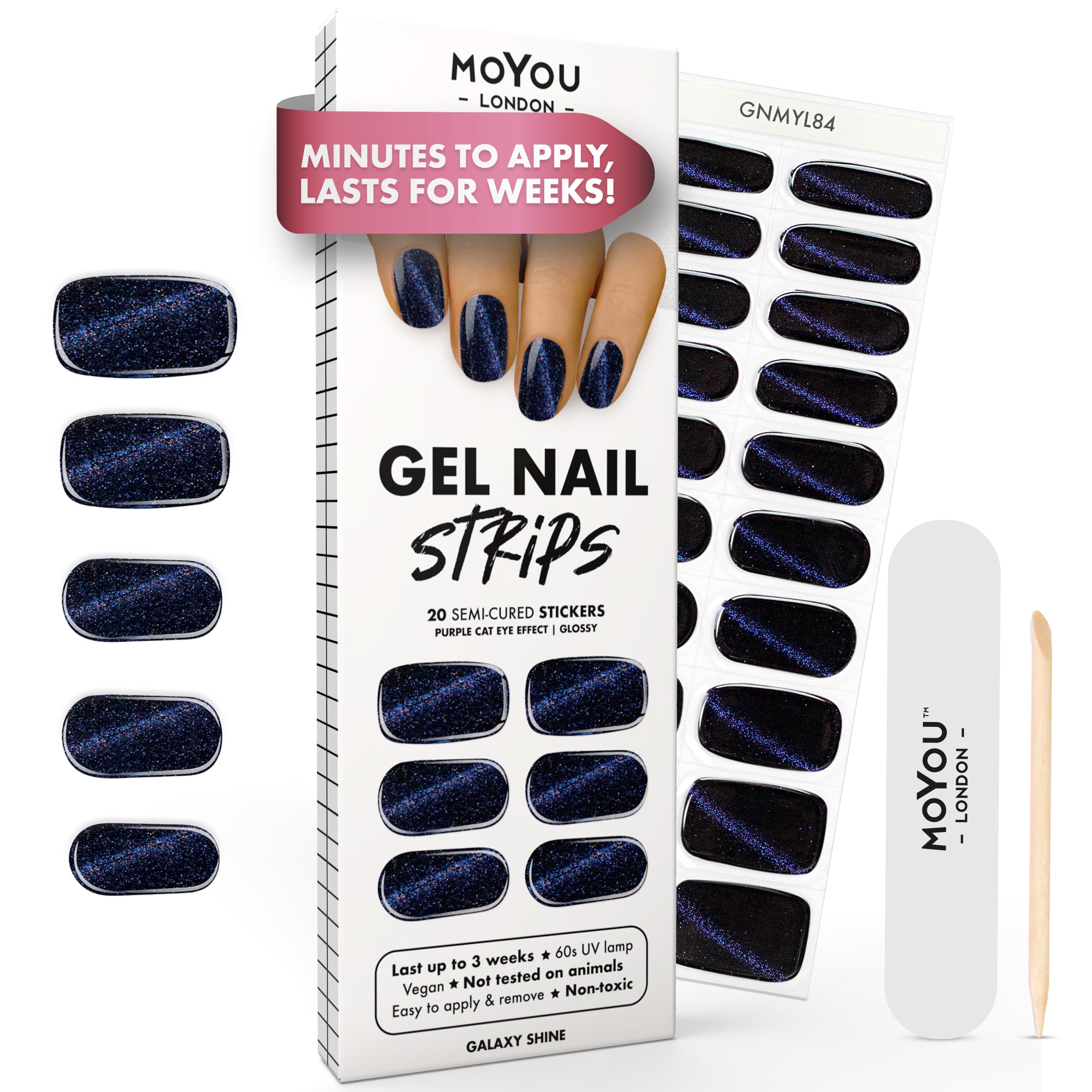MOYOU LONDON Semi Cured Gel Nail Strips - 20 Pcs. Waterproof Gel Nail Wraps, Cures in Sunlight or UV/LED Lamp, Lasts Up to 2+ Weeks, Stretchable, Easy to Apply & Remove, Vegan & Cruelty-Free