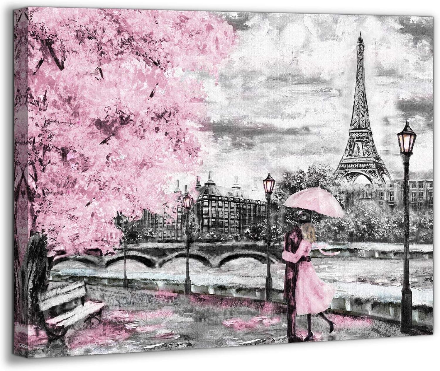 Paintings - Seine River Paris Tower Theme Decorative Painting Romantic Pink Cherry Blossom Tree Oil Painting Bathroom Bedroom Living Room Decoration Romantic Theme Dining Room Wall Art Decoration 12 × 15 inches