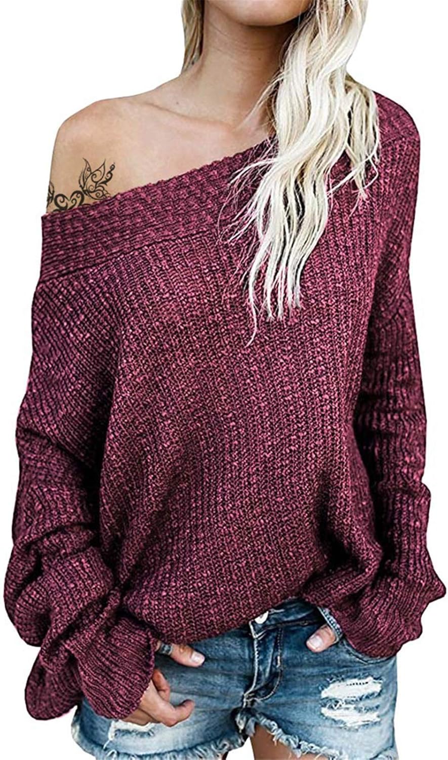 Exlura Women's Off Shoulder Sweater Batwing Sleeve Loose Oversized Pullover Knit Jumper at  Women’s Clothing store
