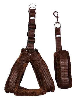 Petshop7 Nylon Dog Harness & Leash Set With Fur 1.25 Inch Large - Brown ( Chest Size - 28-34 )