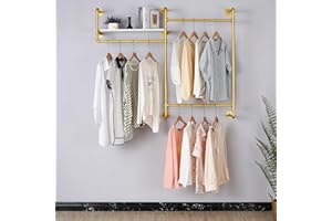 EDCB Gold Wall-Mounted Clothing Rack – Industrial Strength Pipe Garment Rack with Wooden shelf, 58" W Heavy Duty Closet Rod for Bedroom/Laundry/Store Displays
