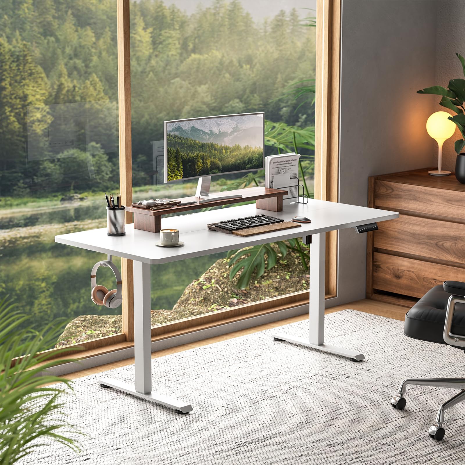 Veken 55 Inch Large Electric Standing Desk,Sit to Stand Up, Heights Adjustable, Work Home Office Computer Table for Study, Walking Pad, Writing, and Games, Wooden Desktop Desks, White