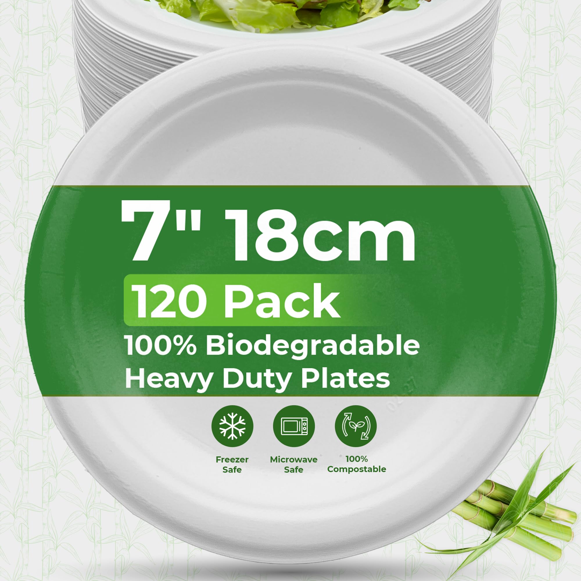 PRIME FEEL 7 Inch (18cm) Disposable Paper Plates [120 Pack] - 100% Compostable Sugarcane Plates, Heavy-Duty & Eco-Friendly for Parties, Events, BBQs, Camping & Picnics