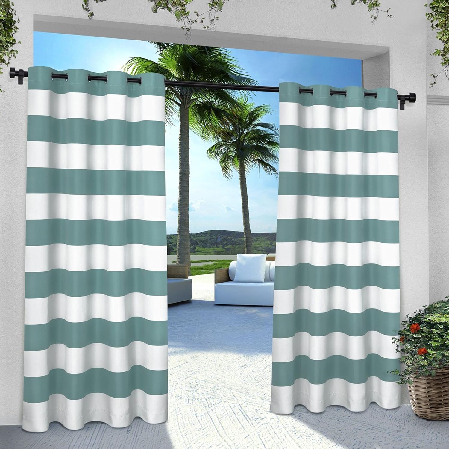 Outdoor Curtains - Exclusive Home Cabana Stripe Indoor/Outdoor Light Filtering Grommet Top Curtain Panel, 54