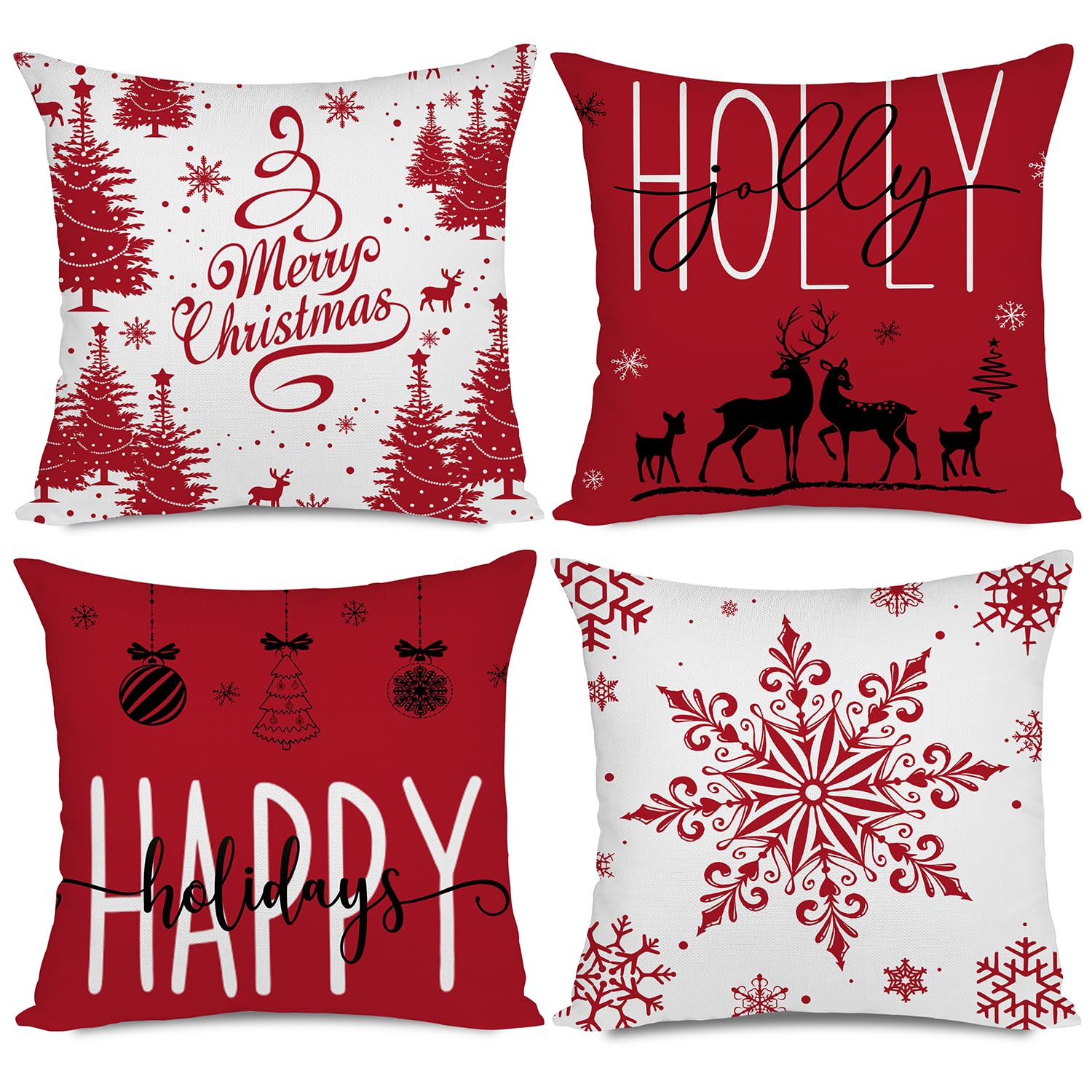 Miaikoe Red Christmas Cushion Covers 50x50 Set of 4 Christmas Decorations Happy Holidays Holly Jolly Snowflake Merry Christmas Decor Throw Cushion Case for Home Couch Sofa Deco