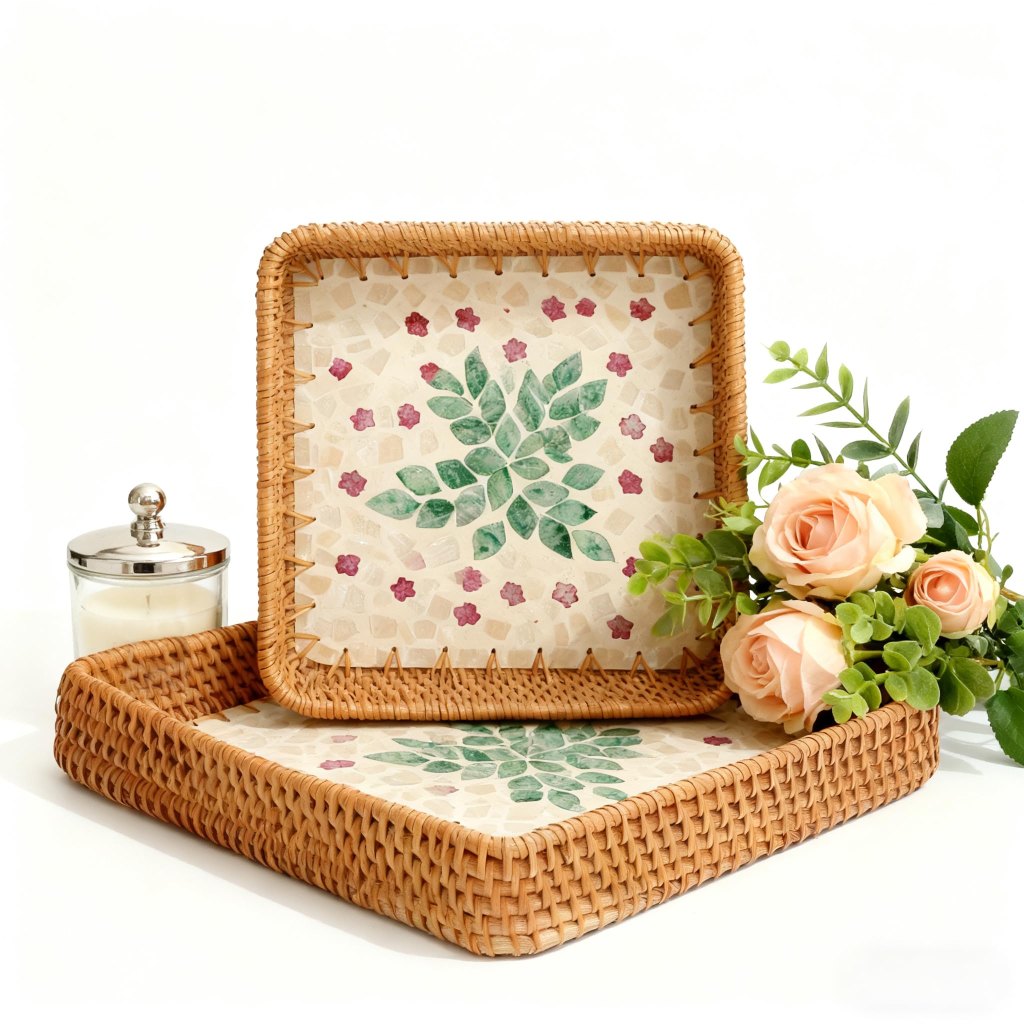 Photo 1 of 1 pcs Rectangle Rattan Serving Tray with Mother of Pearl Inlay, Decorative Wicker Tray for Coffee, Bread, Fruits, Elegant Table Decor for Living Room & Dining Room