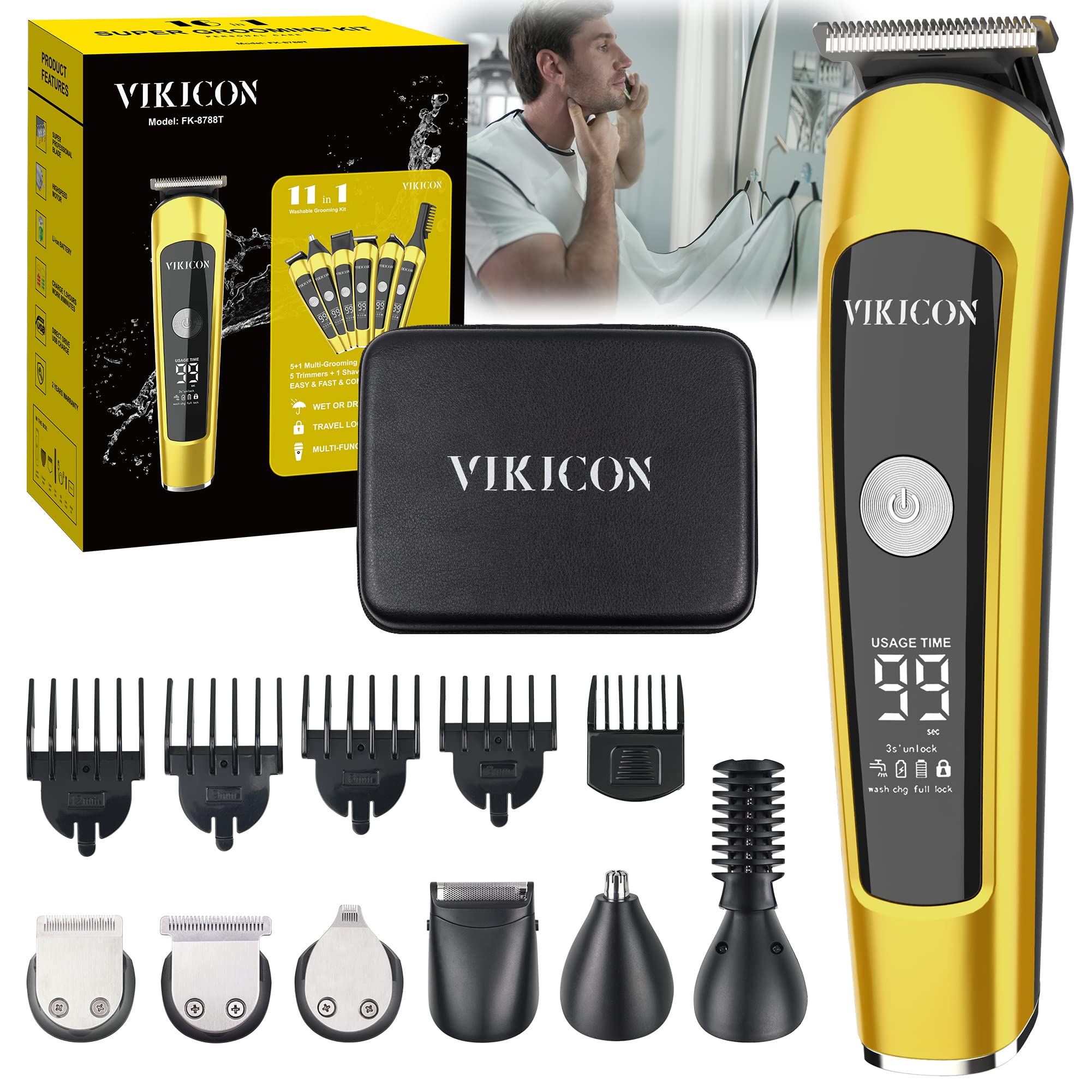 VIKICON Beard/Stubble Trimmer for Men, Cordless Hair Clipper Set w/Beard Bib, All-in-one Electric Trimmer for Face, Body, Ear, Nose, Waterproof Male Grooming Kit Mustache Shaver Razor w/Storage Case