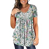 BeadChica Women's Plus Size Tunic Tops Casual Flowy Tshirts Ruched Botton Up Short Sleeve Blouses-Printed-3XL