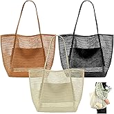 PineHaven 3 Pcs Mesh Beach Tote Bags for Women,Foldable Shopping Bags with Inner Pocket,Lightweight Travel Essential Accessories for Pool, Vacation, Picnic (Black, Khaki, Beige)