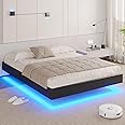 DICTAC Floating Queen Bed Frame with LED Lights Modern Upholstered Platform Bed Frame Queen Size no Headboard Faux Leather Queen Led Visual Floating Bed,No Box Spring Needed, Easy to Assemble,Black